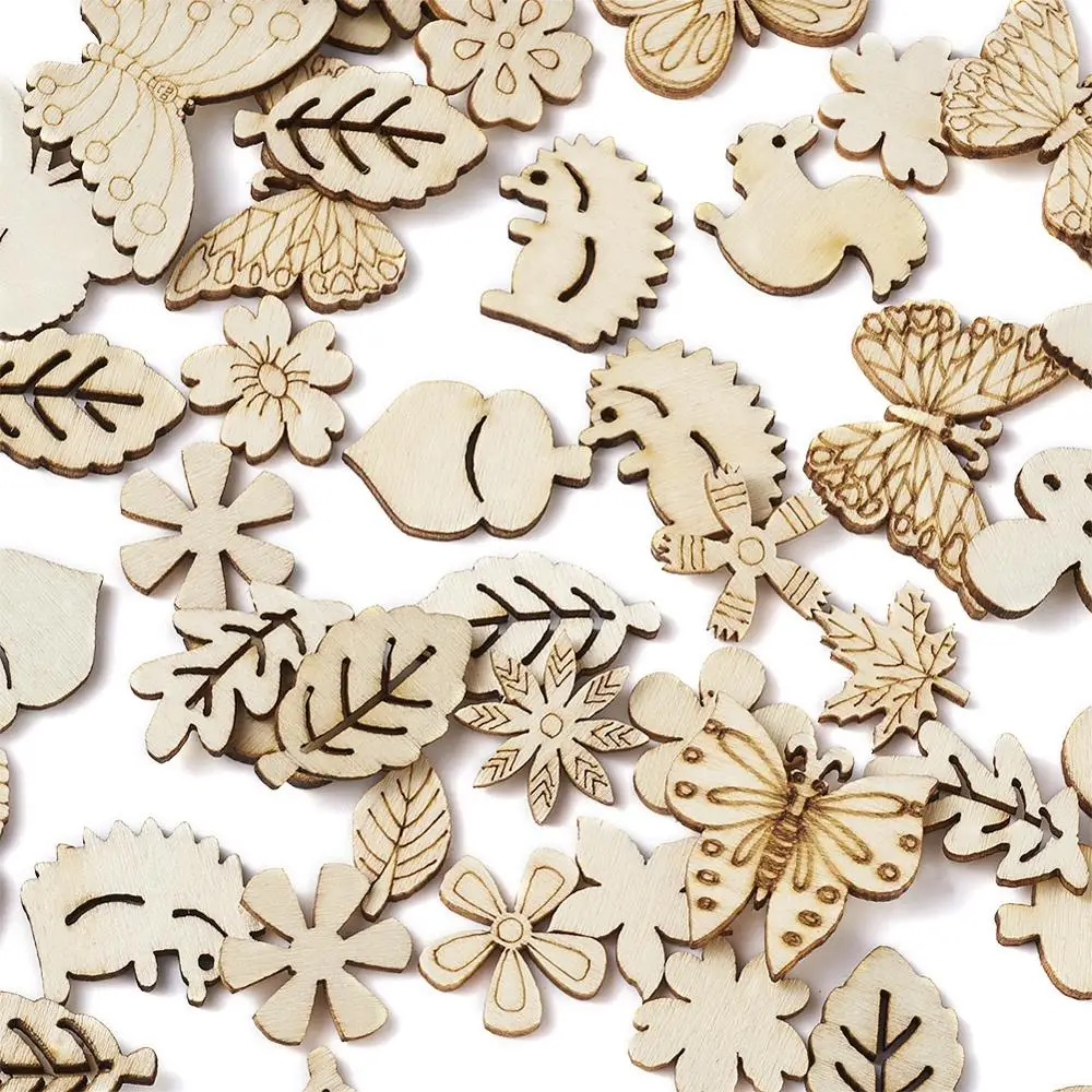 300pc Mixed Shape Laser Cut Wood Cabochons Unfinished Wooden