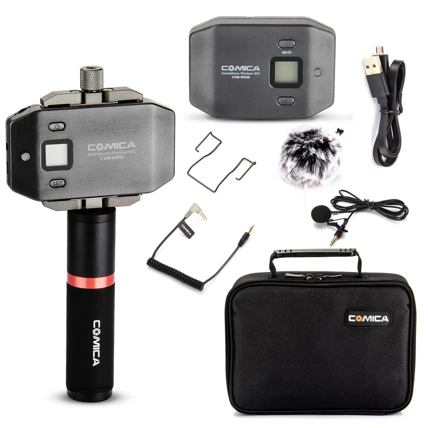 

Comica CVM-WS50(B) Wireless Lavalier Microphone External lapel Mic with Handle Grip for iphone Camera DSLR Smartphone Android