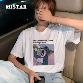 

Funny cat&mouse women clothes Printed Fashion t Shirt Women Casual Summer Cute Cartoon t shirt women New White Top Tee Female