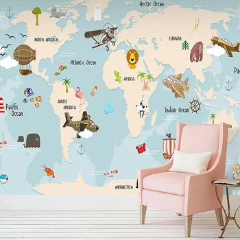 

Custom Hand Painted World Map Mural Cartoon Animal Sailboat Airplane 3D Photo Wallpaper For Kids Room Bedroom Wall Decor Picture