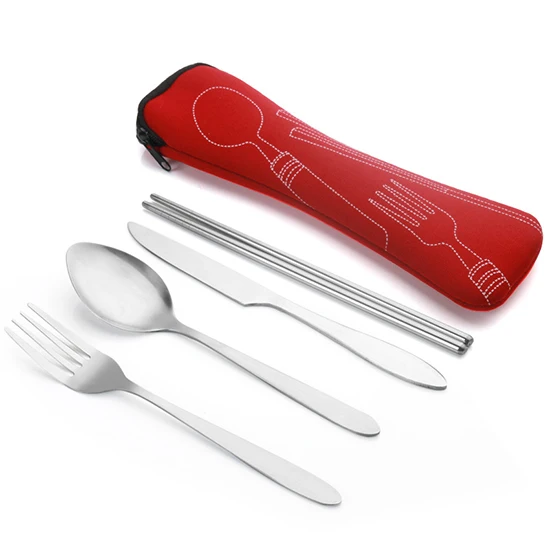 Набор столовых приборов из нержавеющей стали с сумкой для хранения портативный набор столовой посуды нож вилка ложка палочки для еды путешествия столовые приборы для пикника - Цвет: red