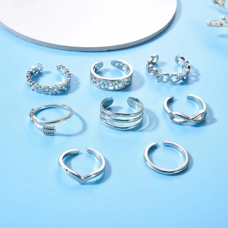 

8pieces Summer Beach Vacation Knuckle Foot Ring Set Open Toe Rings for Women Girls Finger Ring Adjustable Jewellery Wholesale