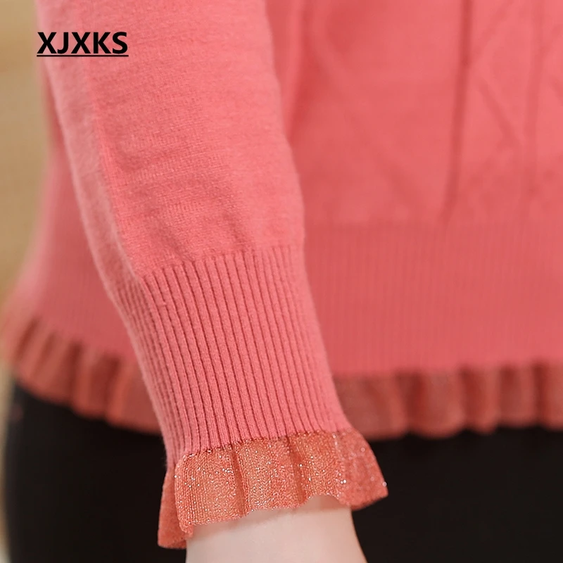 XJXJS вязаный свитер женский джемпер Новинка Осень Кружева Pull Femme Hiver однотонный эластичный удобный негабаритный свитер