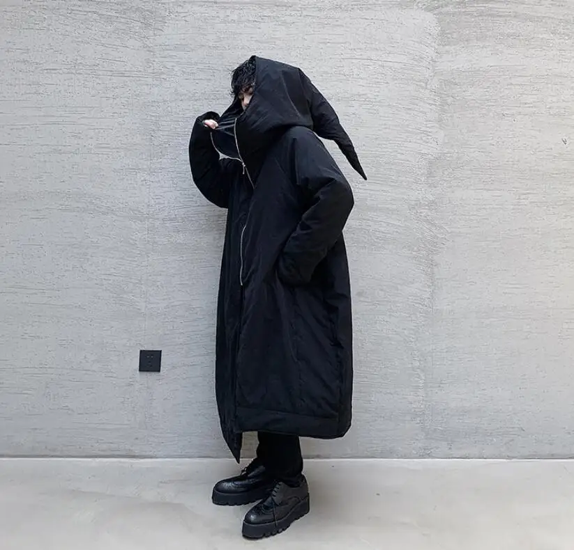 S-XL! Зимнее стильное темно-черное асимметричное дизайнерское мужское Длинное свободное хлопковое пальто с капюшоном