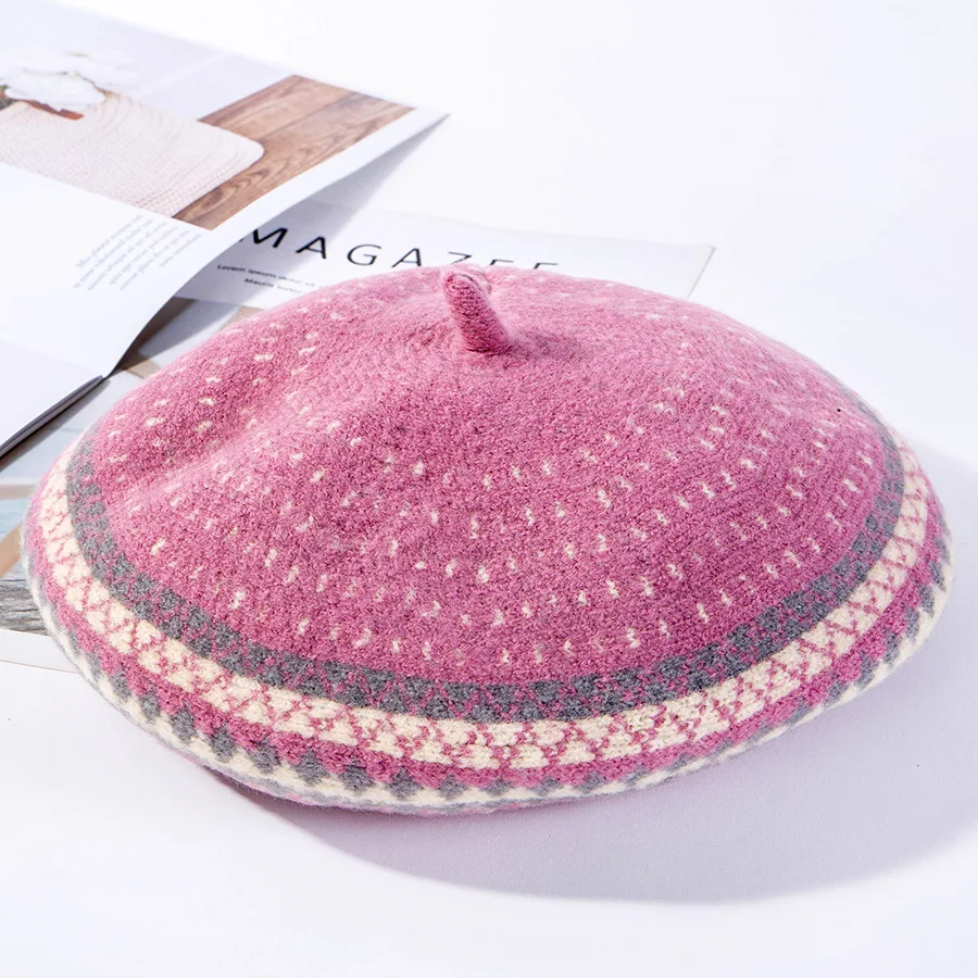 Pink Зимние женские элегантные шерстяные береты, шапка, женские полосатые винтажные кашемировые вязанные шапки, теплые шапки, модная женская шапка, шапка для девочек G - Color: Pink