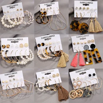 

LATS 2020 New Bohemian Leopard Tassel Drop Earrings Women Earrings Set Acrylic Pearl Earrings For Women Brincos Fashion Jewelry
