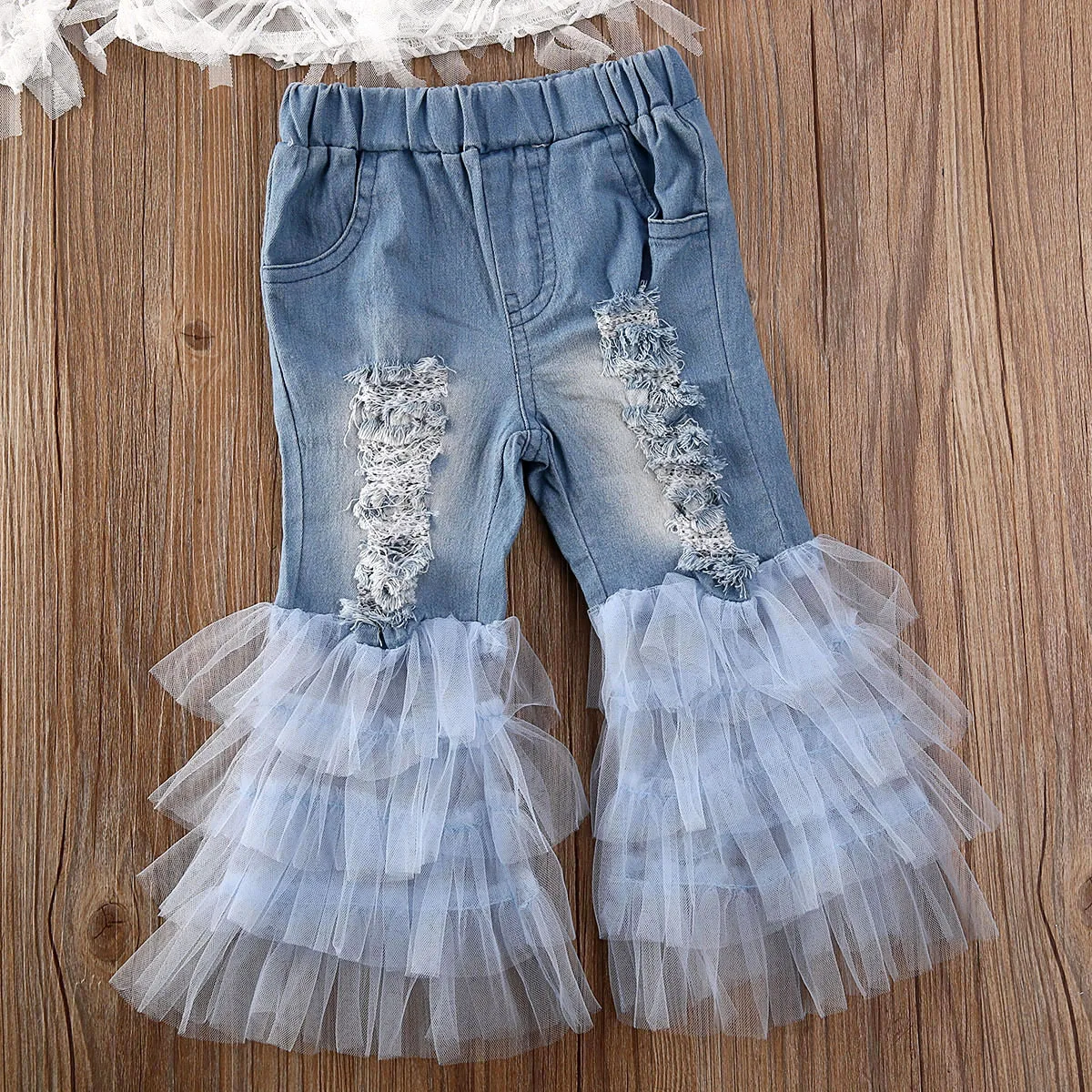 Boutique Kid Clothes Toddler Baby Kid Girl Clothes Lace Off Shoulder Tops+ Ruffle Hole Pants 2pcs Outfit