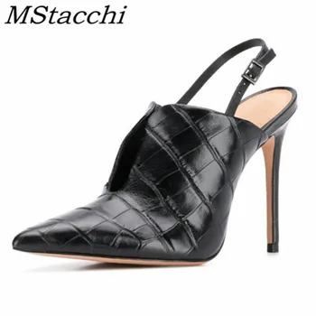 

MStacchi Concise Sandals For Women Leather Crocodile Print Shoes Buckle Black Sandals Women Party Pointed Toe Stiletto Shoes