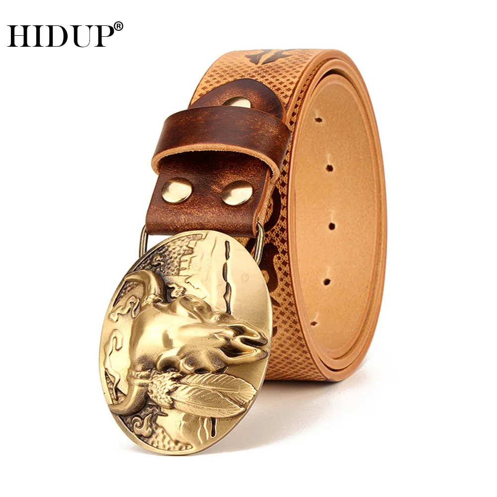 HIDUP Top Quality Design Solid Real Cow Leather Brass Cattle Head Buckle Metal Belt Men Jeans Handmade Accessories NWJ871 | Аксессуары