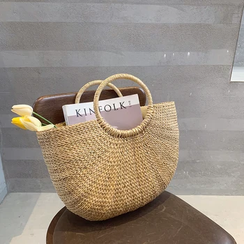 

SUNNY BEACH Women Handmade Beach Bag Totes Shoulder bag Summer Bags Natural Straw Bag Half Moon Handbag for Holiday Vacation