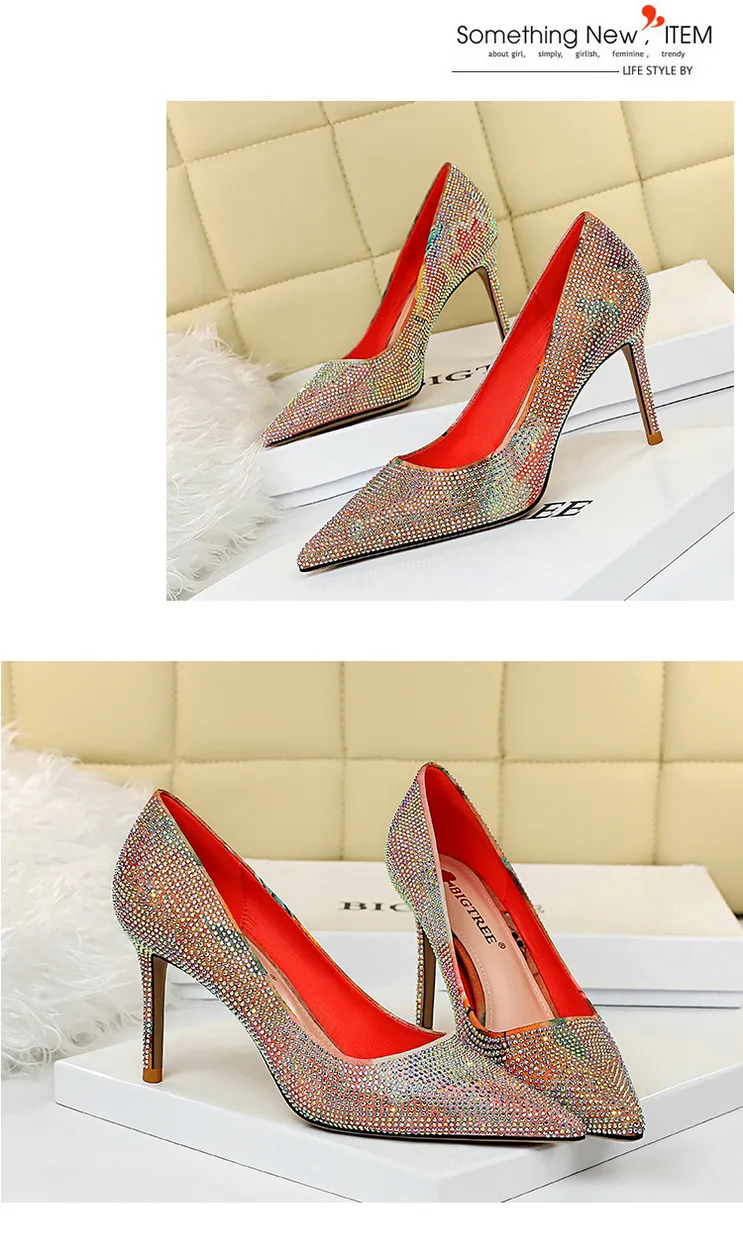 2020 Spring Luxury Women Glitter Rhinestone Thin High Heels Pumps Spell color Crystal Cinderella Wedding Shoes Plus Size