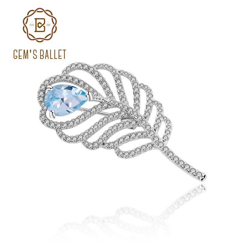 

GEM'S BALLET Natural Sky Blue Topaz Gemstone Brooches For Women Clothes 925 Sterling Silver Plant Leaves Brooch Fine Jewelry