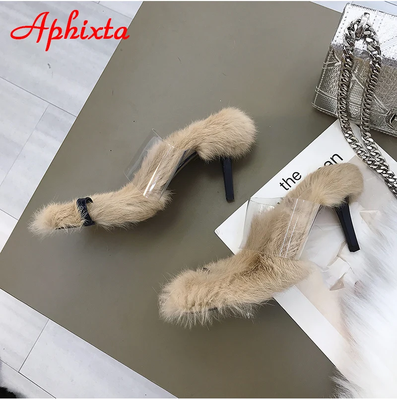 Aphixta/женские вьетнамки на каблуке 8 см с настоящим животным; женские шлепанцы; женская обувь на тонком каблуке; Прозрачные Пляжные наружные горки с открытым носком; Mujer