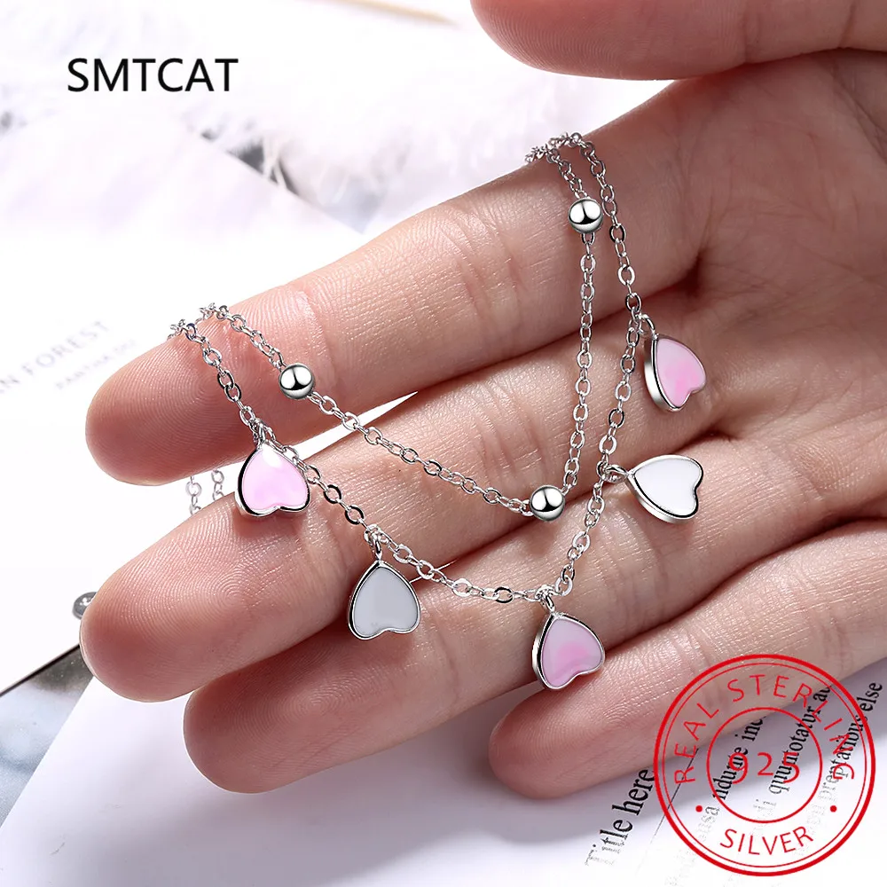 Genuine 925 Sterling Silver Fashion Double Beads Chain Romantic Gradient Heart Bracelet For Women Valentine's Day Jewelry DB1174