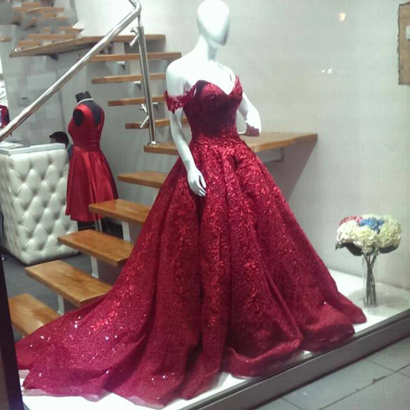 

Gorgeous Wine Red Off Shoulder Prom Dresses Ball Gown Lace Engagement Formal Dress Lace Up Back Burgundy Evening Gowns Plus Size