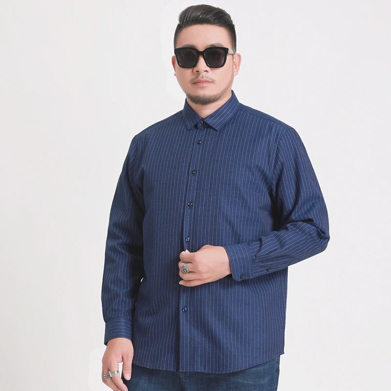 Winter Men Shirts Plus Size Brand Clothing Men's Business Casual Fat Thick Warm 90% White Duck Down Stripe Long Dress Shirt - Цвет: Navy blue