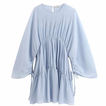 

2020 women o neck batwing sleeve solid pleated chiffon mini dress femme high waist vestidos chic casual kimono dresses DS3475