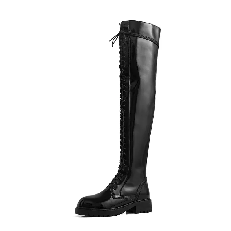 MORAZORA genuine leather shoes women thigh high boots lace up zip low heels platform shoes woman Motorcycle boots black - Цвет: black patent leather