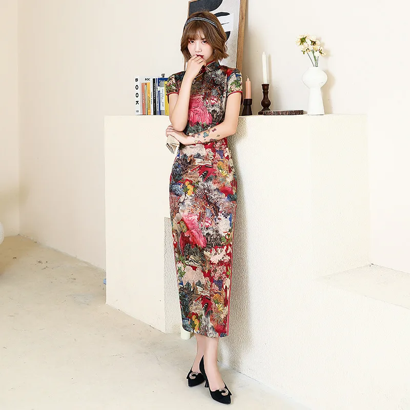 Long Cheongsam Slim Slik Vintage Long Dress Chinese Traditional Costumes Summer Dresses 4XL 8 Colors