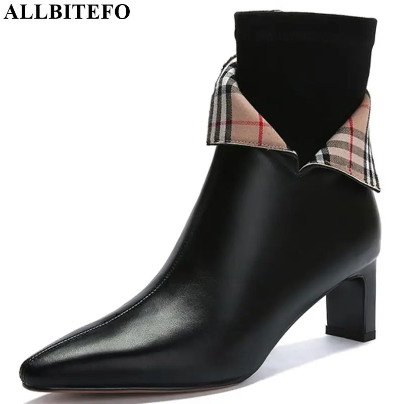 

ALLBITEFO pointed toe women boots hot sale genuine leather High quality ankle boots Autumn Winter concise fashion Chelsea boots