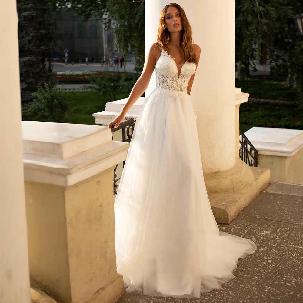 Платье Свадебное ТРАПЕЦИЕВИДНОЕ с V-образным вырезом Кружевная аппликация на