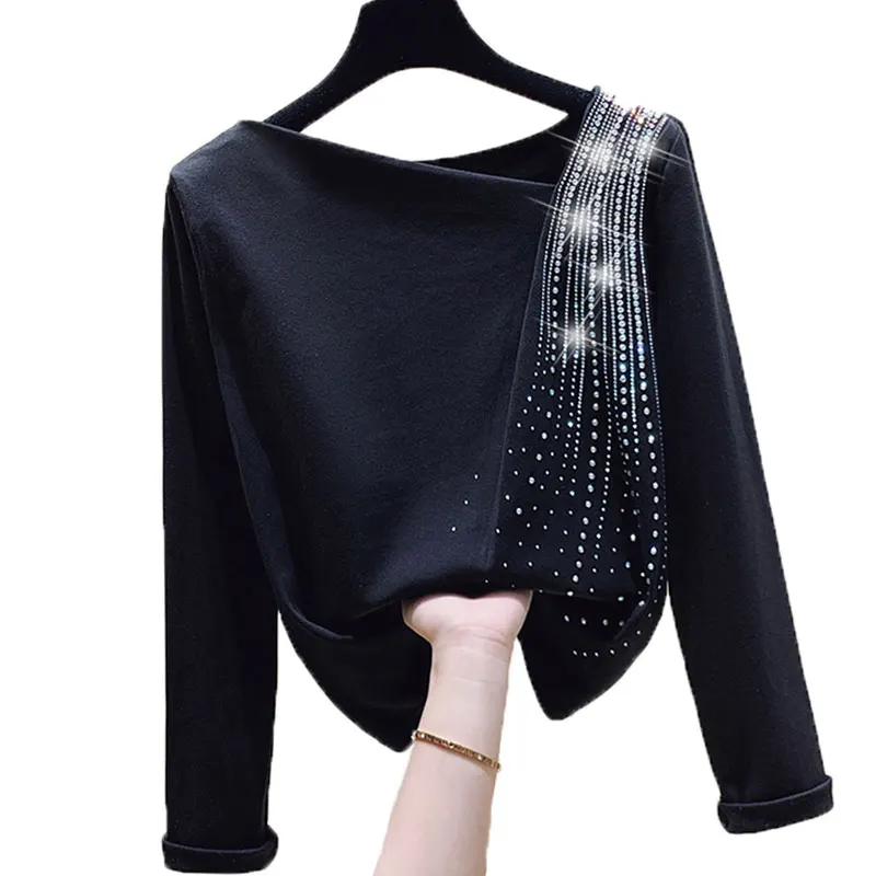 

Skew Collar Long Sleeve Lady Women T-Shirt Long Sleeve Tshirt Female Spring Autumn Ladies Tops Tee Shirt Femme Plus Size Black