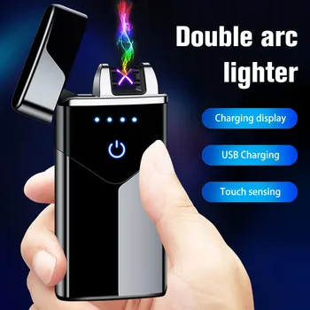 

Metal Dual Arc Electronic Lighter USB Plasma Arc Cigarette Lighter Full Screen Display Touch Fire Windproof Gadgets For Men 2020