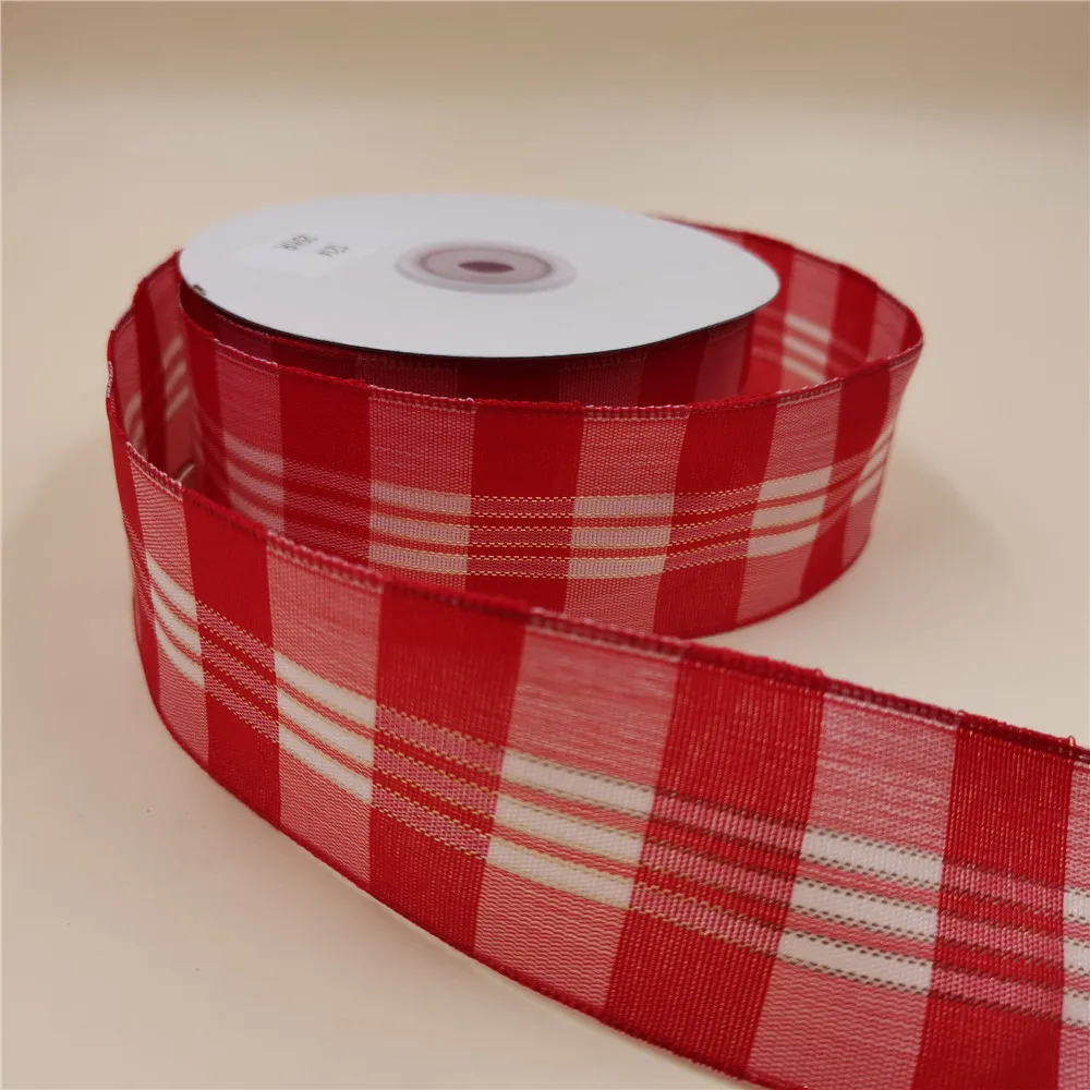 

38MM 25yards Wired Edge Plaid Check Scottish Ribbon Red White for Festival Christmas Decoration New Year Gift Wrapping N1214