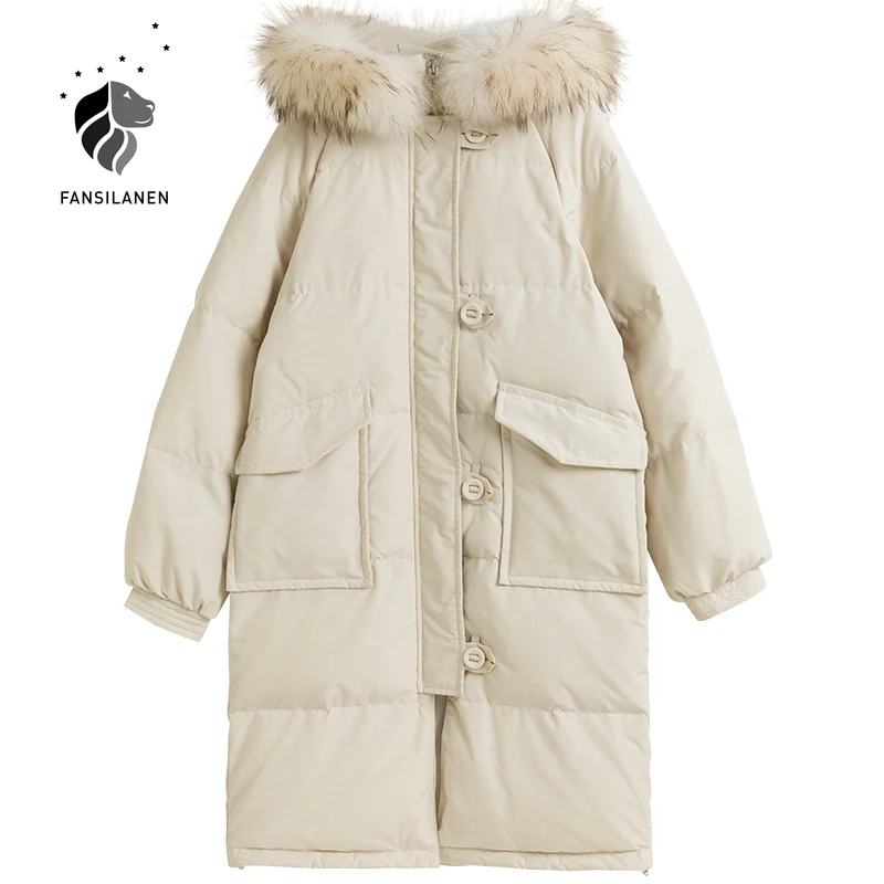 FANSILANEN Fur collar long white down jacket Women