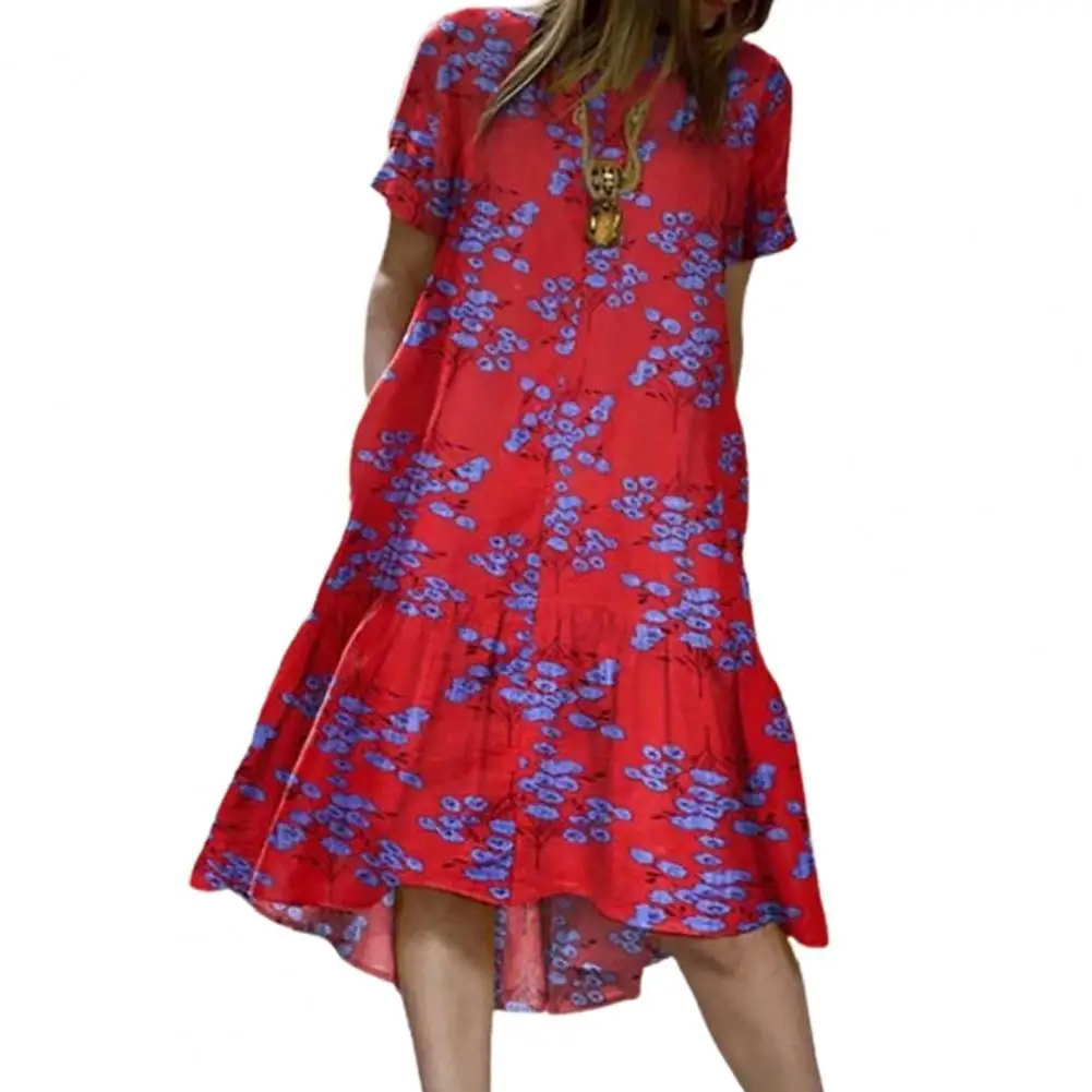 

Платье-миди женское пляжное с коротким рукавом, круглым вырезом и цветочным принтом