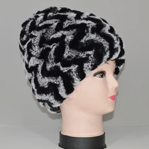 gray and black Настоящая шапка из меха кролика рекс русская зима натуральный настоящий мех кролика шапка женские теплые кроличьи меховые шапочки бини - Цвет: gray and black