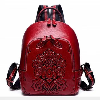 

women's backpack genuine leather female knapsack high quality top layer cowskin fashion zipper printed flower hard handle bags