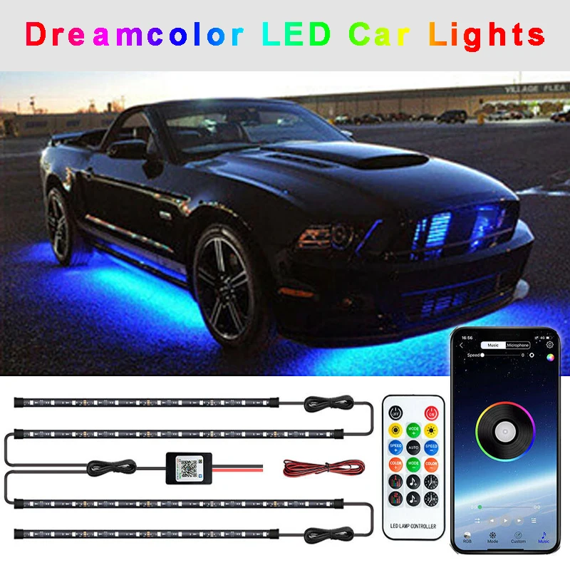 

New Arrival 1 set 12V Waterproof RGB Dreamcolor LED Car Underglow Lights Music Remote Control Light Strip for Car Decoration