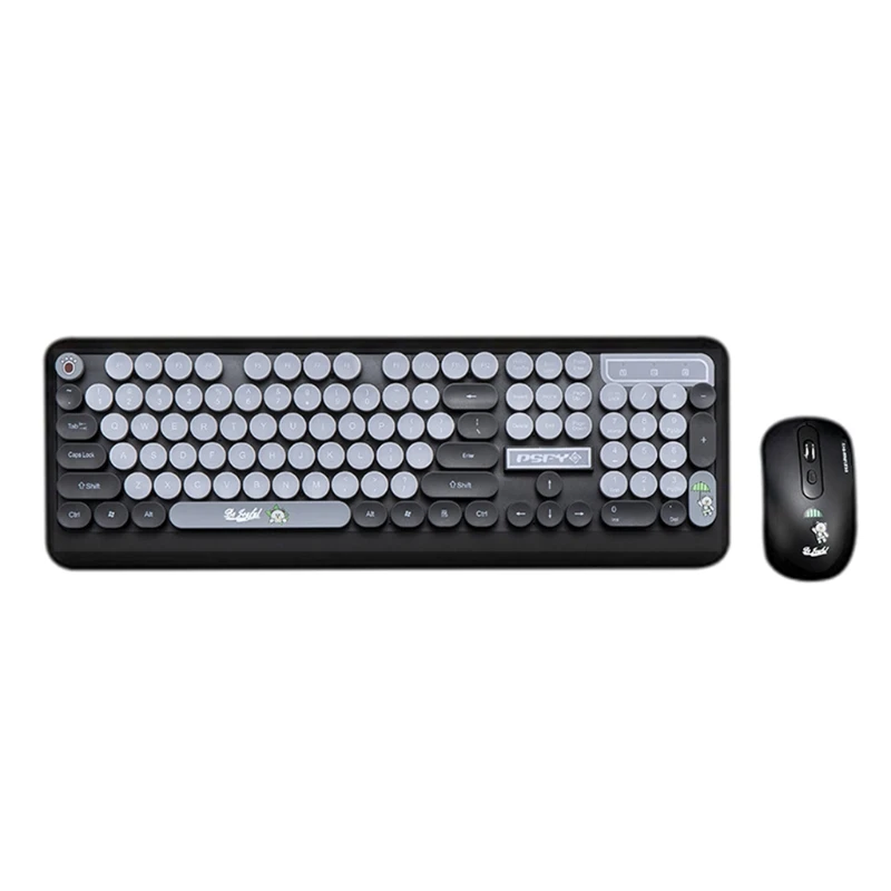

Cute Cartoon Fashion Retro Round Keycap Wireless Keyboard Mouse USB Receiver Set for PC Computer