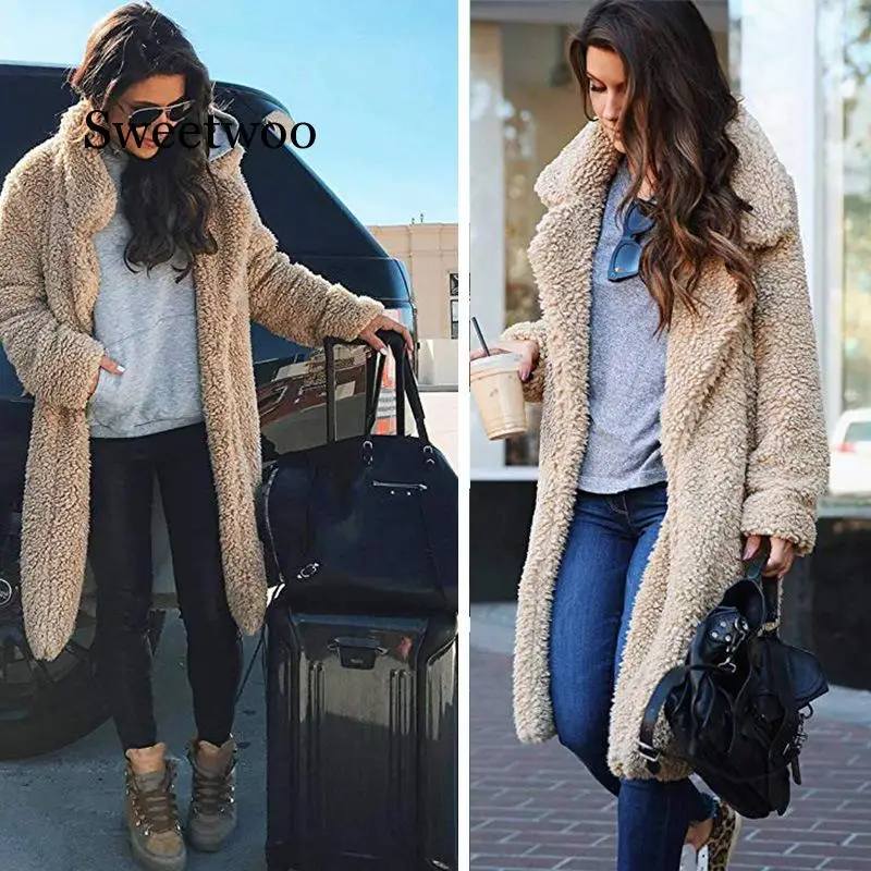 

Long Coats Fleece Jackets Winter Warm Teddy Coat Cardigan Office Lady Sexy Women Wool Blends Full Tops Overcoats Plus Size