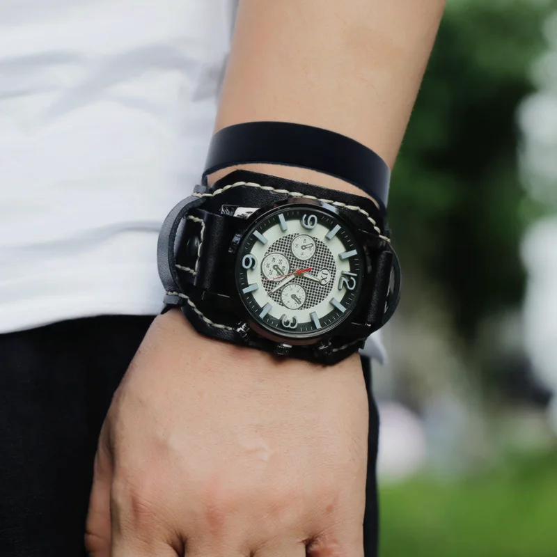 Men Watch Luxury Watch Quartz Wristwatches Big Dial Watch Retro Vintage Punk Style Watch Men Set Leather Strap Relogio Masculino
