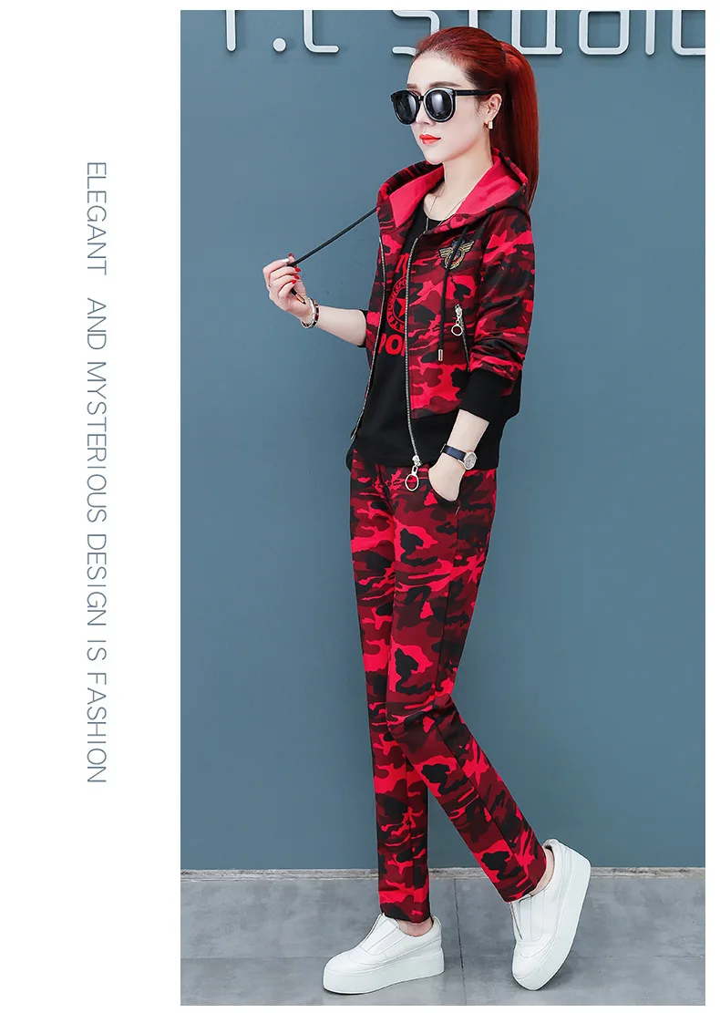 Camouflage Three Piece Set Tracksuit Women Zipper Tops+ T-shirt+ Pants Suit 3pcs Hoodies Sets Female Military Sporting Suits
