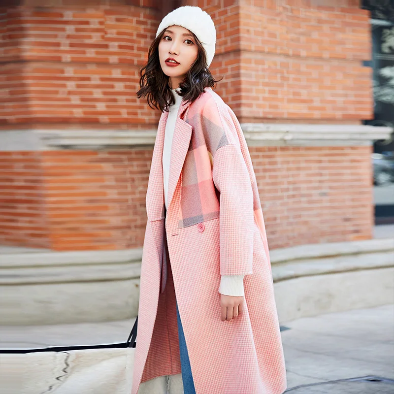 YASUGUOJI, новое модное клетчатое лоскутное длинное шерстяное пальто, женское Утепленное зимнее пальто, женское элегантное двубортное розовое шерстяное пальто