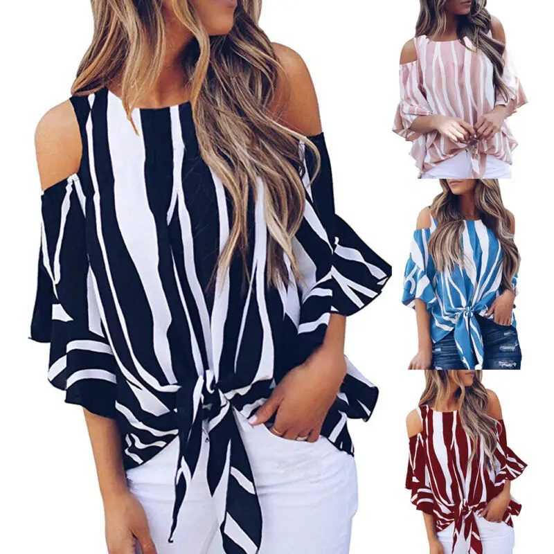 

NEW Women Cold Off Shoulder Stripe Tops Cut Out Short Sleeve Summer Casual Blouse T-shirt