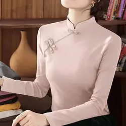 Cheongsam Women's Plus Size Stand Collar Tops 2022 Winter Cotton Blend Pure Color Long Sleeve Chinese Style Qipao Shirts Woman