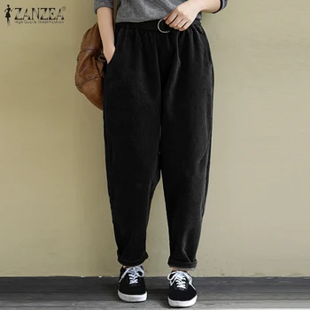 

2020 ZANZEA Summer Casual Loose Long Trousers Spring Baggy Pantalon Women Elastic Waist Retro Corduroy Harem Pants Plus Size 5XL