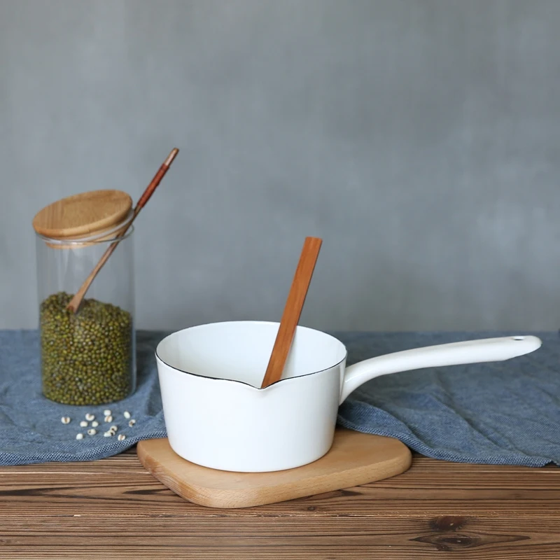 

Enamel Pot Milk Pot Soup Pot Single Wooden Handle Leaves Pattern