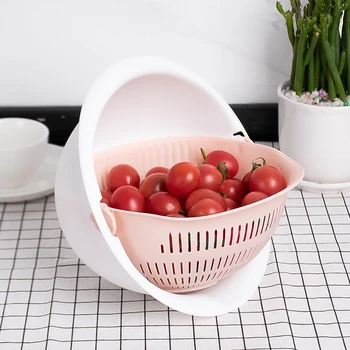 

Kitchen Double Layer Basket Vegetable Fruit Strainer Drain Storage Plastic Organizer Bowl Rotatable Rice Washing Colander Hollow