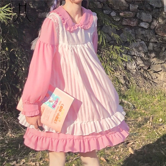 Japanese Sweet Pink Lolita Op Dress Gothic Soft Girl Cute Vintage Ruffle Maid Cosplay Black Dress Women Kawaii Two-Piece Dresses 2