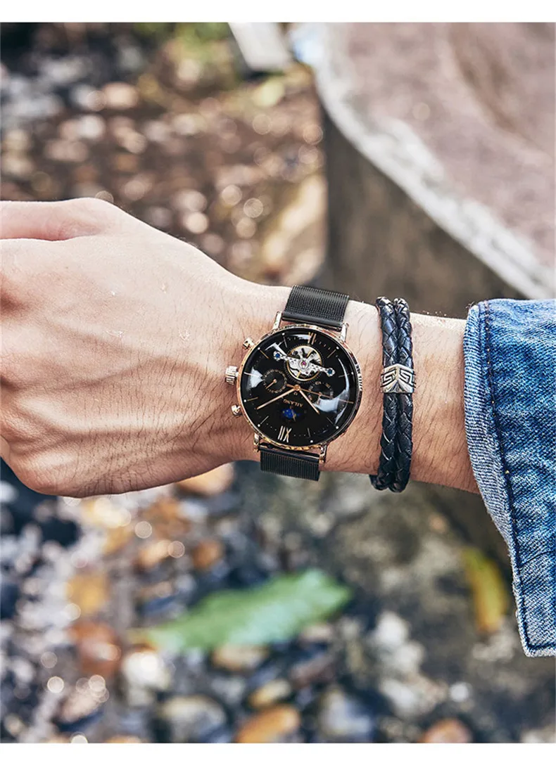 AILANG Uomo Automatico Meccanico Tourbillon di Lusso da Polso Uomo Cintura in Maglia di Acciaio Inossidabile es es_voghion.com