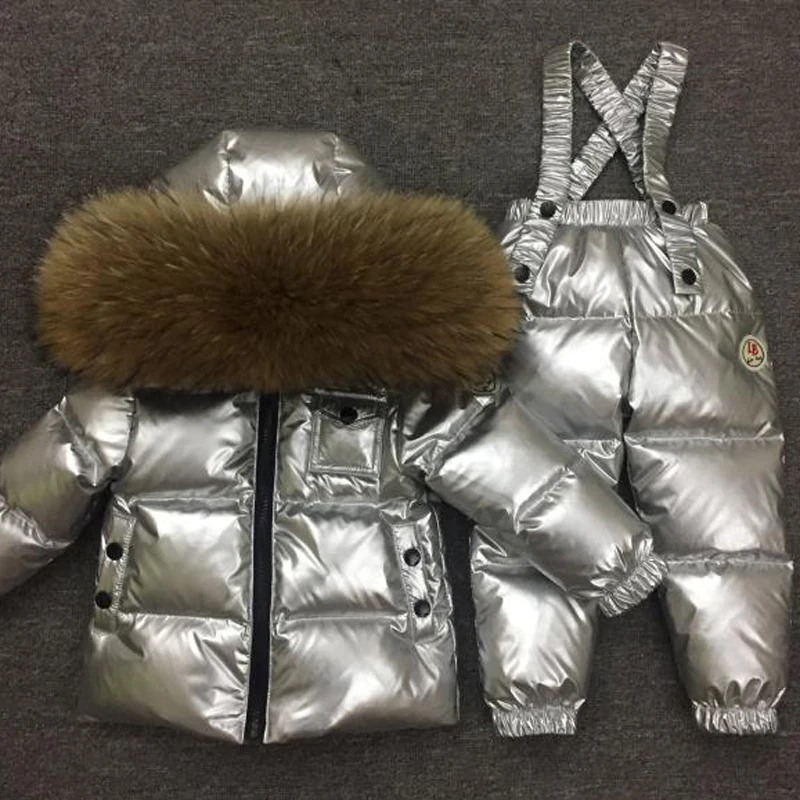 -30 1-14Y Russian Snowsuit Children Sets White Down Boys Waterproof Clothing Kids Coat Winter Jacket Girls Big Real Fur Parka