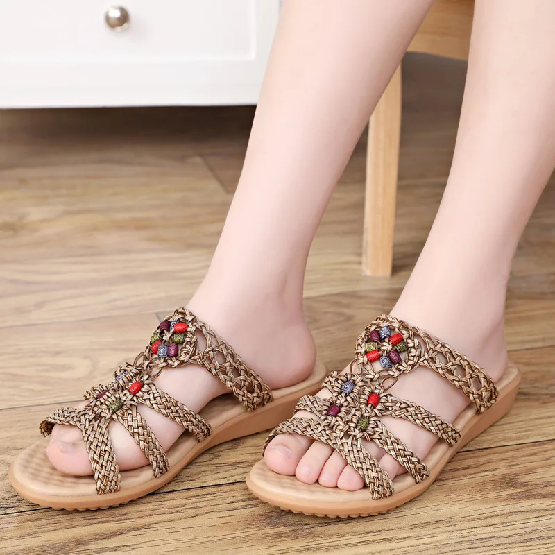 

Summer Sandals Women's Flat Heel Bohemian Slippers Hollow out Rattan Weaving WOMEN'S Shoes Fashion Beaded Bracelet Large Size Mo