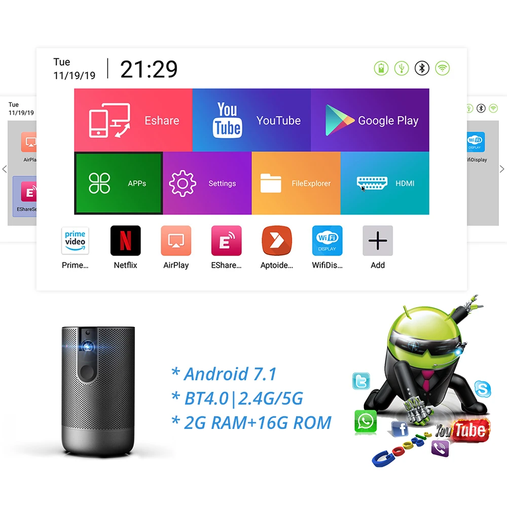 TouYinger K3 Full HD активный 3D проектор DLP 1920x1080 поддержка 4K видео домашний мультимедийный проектор USB Android 7,1 2 Гб ram wifi батарея для улицы