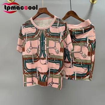 

Tpmaccool luxury designer Summer New Gold Print knitted short Sleeve Pullover Top tshirt + Skirt women two Piece outfits sets