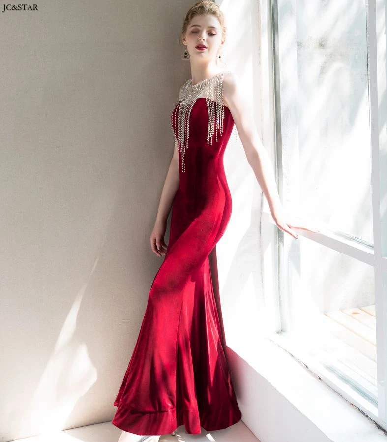 Robe de demoiseur d'honneur pour mariage новое бархатное платье с кристаллами и кисточками Бордовое платье Русалочки для подружек невесты длинное vestido madrinha